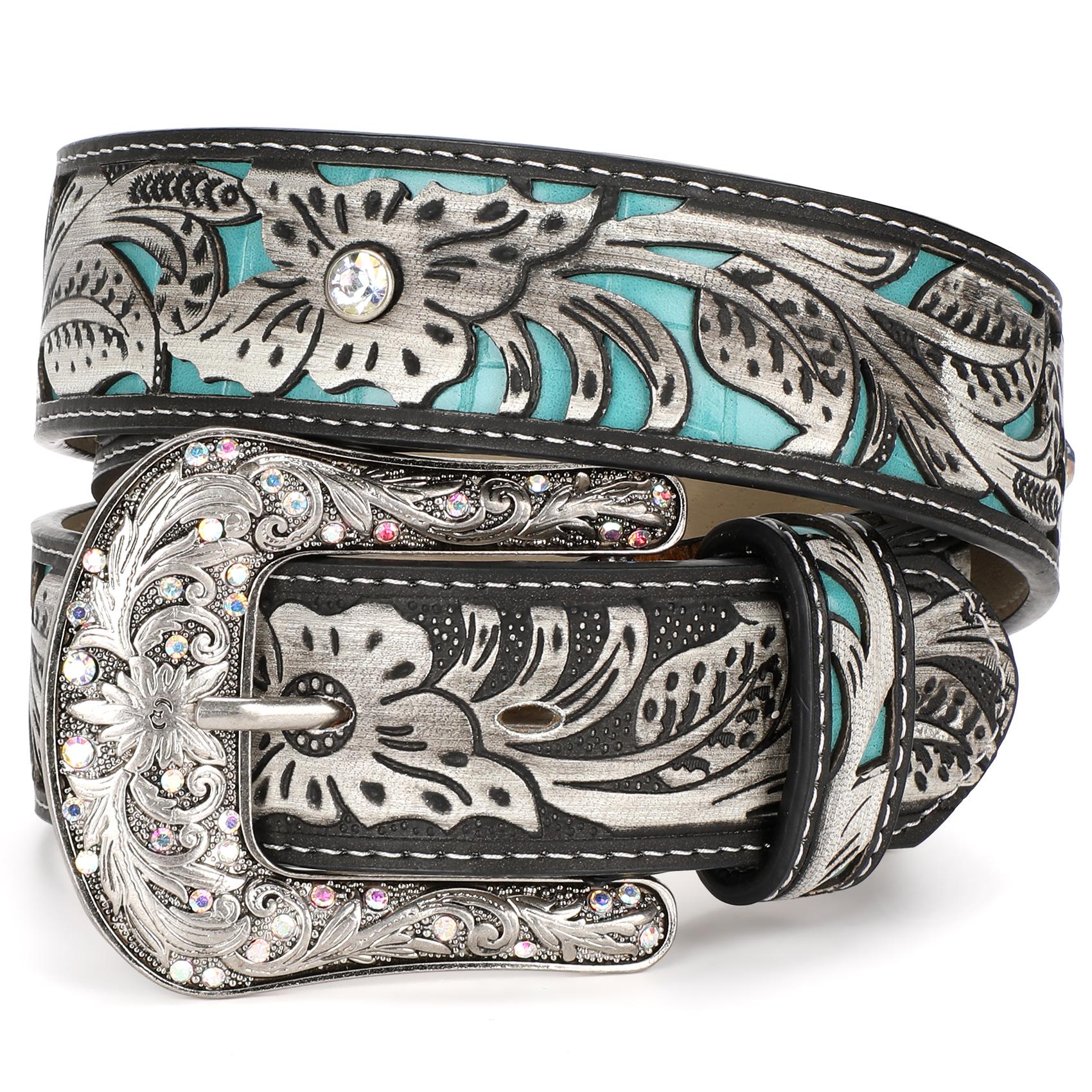 XZQTIVE Unveils Timeless Western Glamour: A Versatile, Cowboy-Inspired Leather Belt Adorned with Intricate Floral Embossing & a Captivating Rhinestone-Encrusted Turquoise Longhorn Buckle for All Boho Leaf Embossed Western Belt SpringStatements