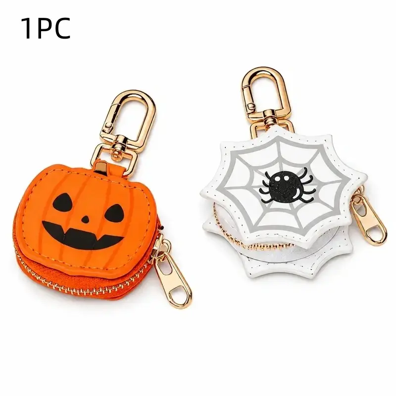 Halloween Mini Zipper Coin Purse, Pumpkin & Spider Web Keychain Pouch, Portable Small Items Storage Pouch, Women's Bag Charm, Halloween Party Holiday Gift