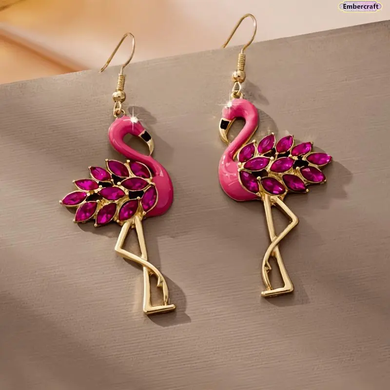 Women's Retro Flamingo Dangling Drop Earrings - Rose Pink Rhinestone Costume Jewelry, Elegant Evening Statement Piece for Date Night, Female Glam Gift, Dangling Earrings