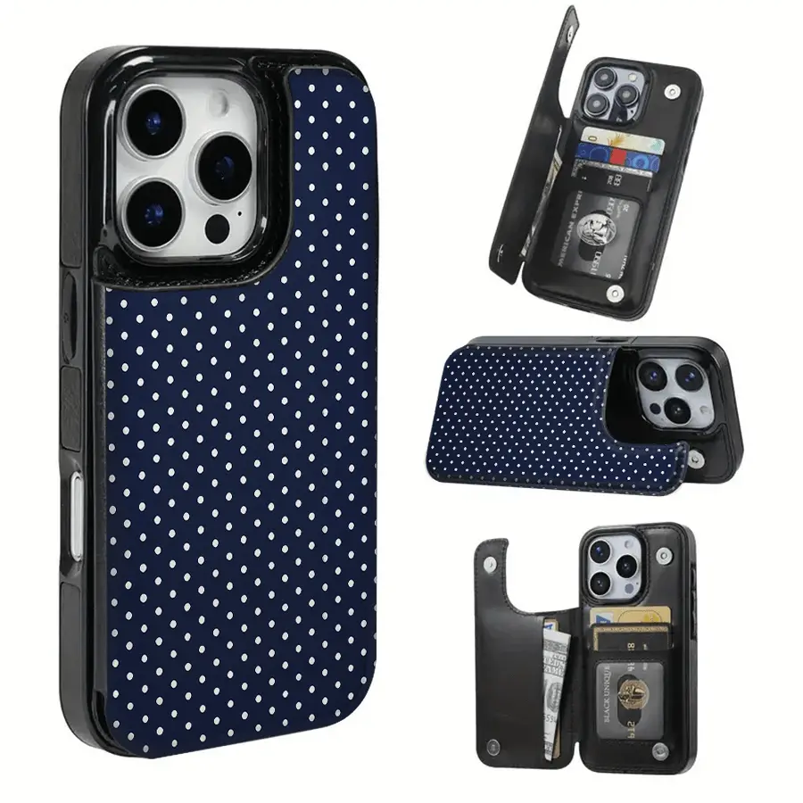 Blue background with white star pattern iPhone phone case, this practical TPU phone case features a card slot design, combining the functions of a bank card, bus card, and more. Suitable for iPhone 17 , 16, 15, 14, 13, 12 Pro Max series. Wallet phone case