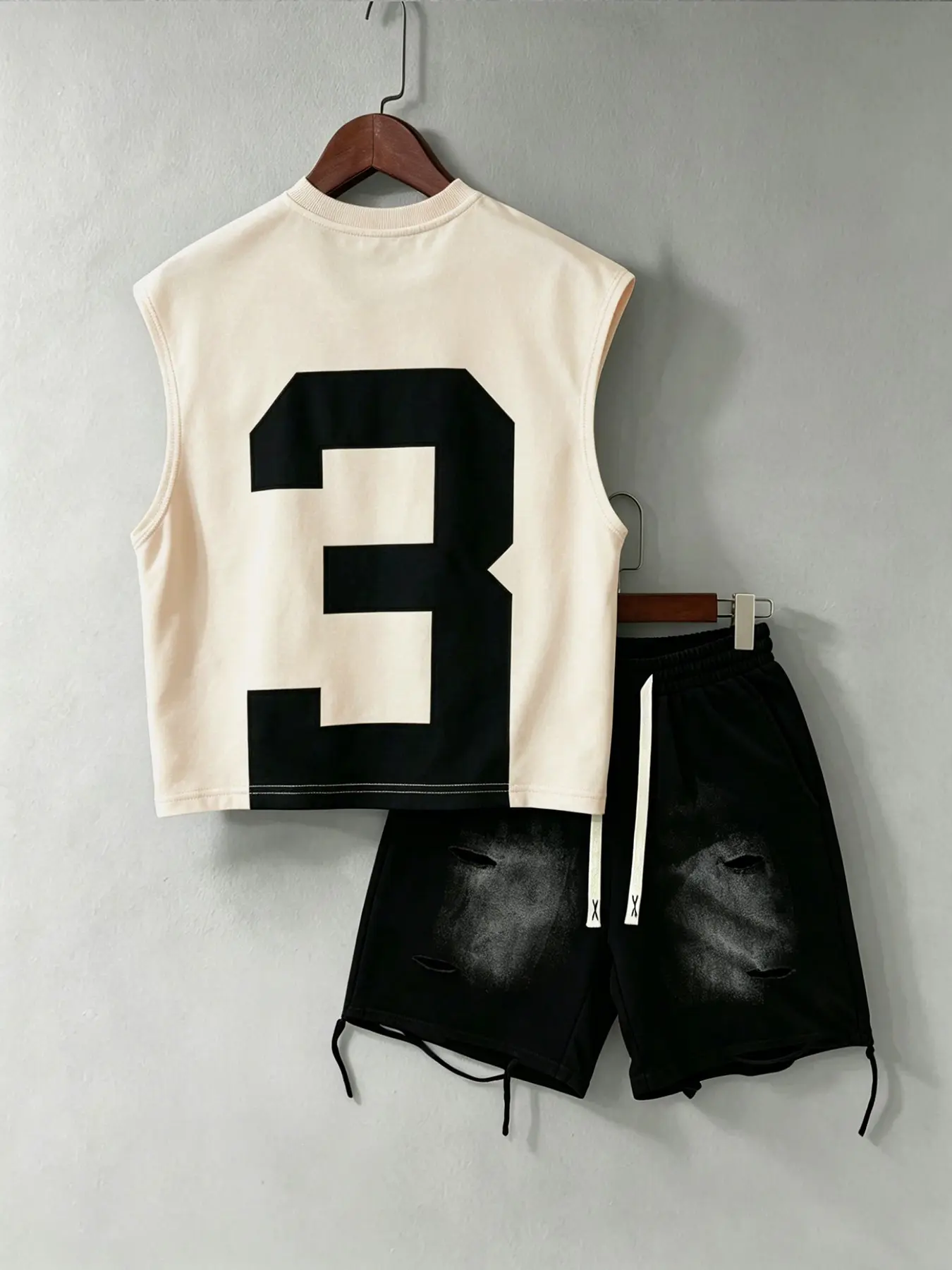 Y2K Millennial Vintage Style Casual Two-Piece Set, Short Sleeveless Cami + Ripped Drawstring Shorts, Unisex, All Seasons, Fashionable Retro College Look Vibe, Outfit
