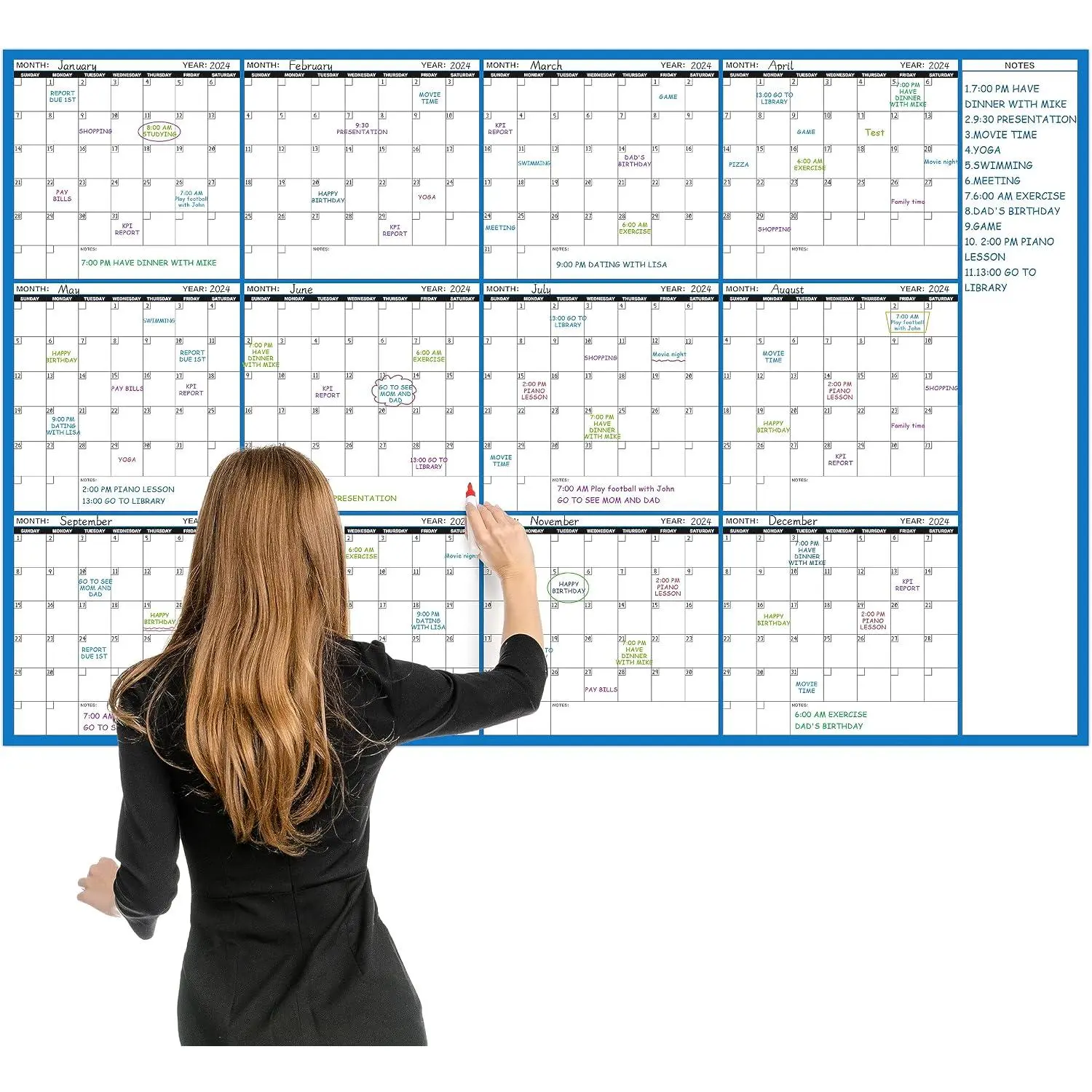 Large Dry Erase Calendar - Undated Wall Calendar Dry Erase, 58" x 37", 12-Month Dry Erase Calendar with 10 Round Stickers