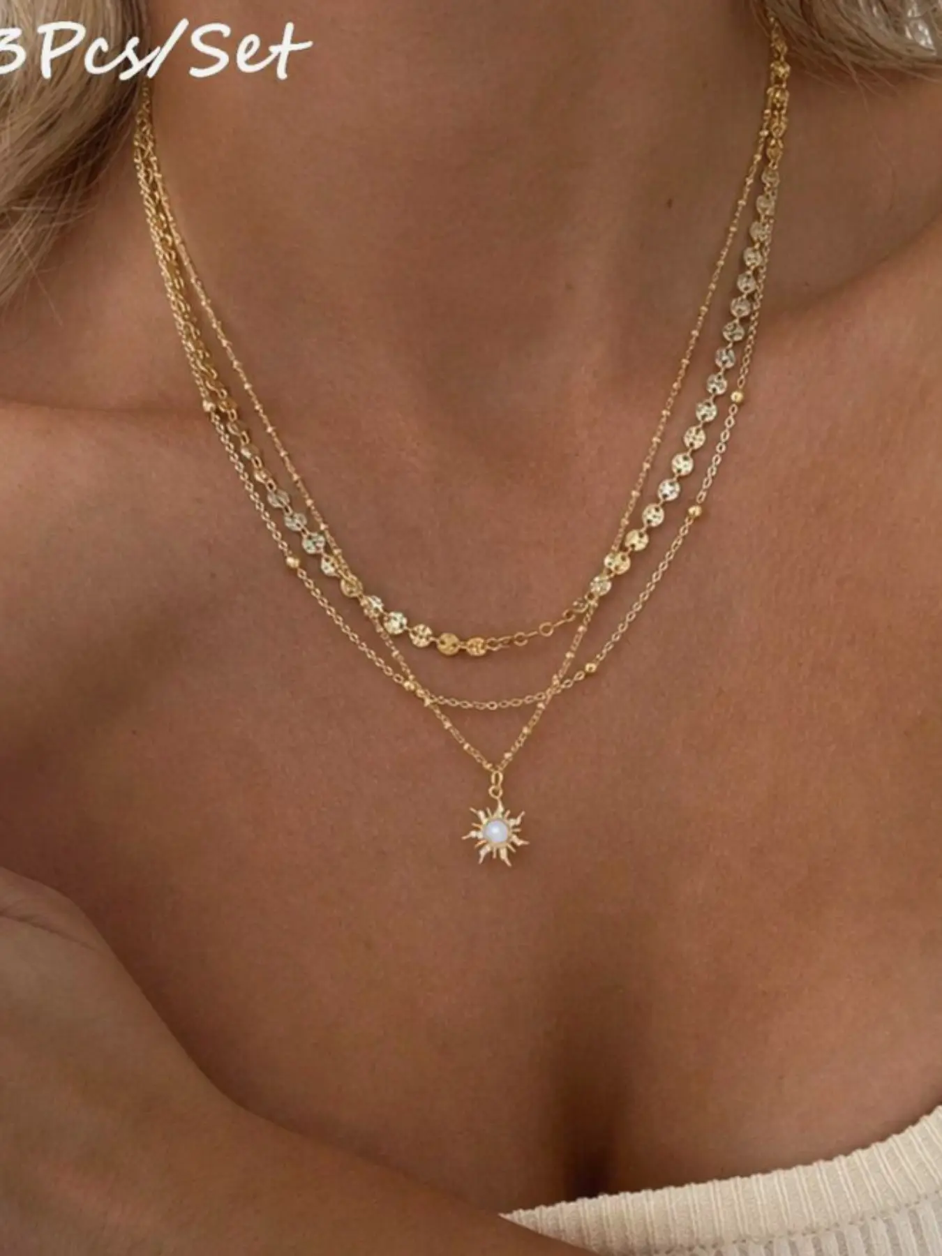 Women's Necklace Set，3 Pieces Multipack Gold Triple Layer Stacked Necklace Set Mixed Flat Disc Bead Thin Cable Chain With Mini Sun Opal Drop Pendant Quiet Luxury Neutral Lightweight Stackable Minimal Celestial Delicate Statement Collar Jewelry For Women