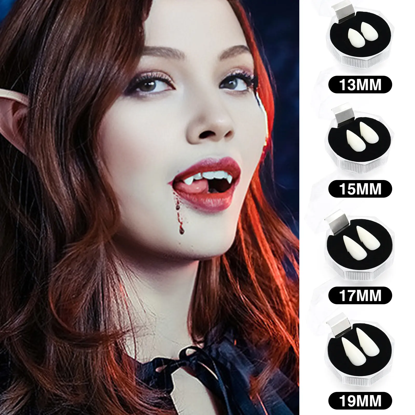 Effortless Realistic Vampire Fangs Cosplay Teeth False Dentures 13mm 15mm 17mm 19mm Options Safe Resin Material Storage Case Halloween Party Dress Up Accessories