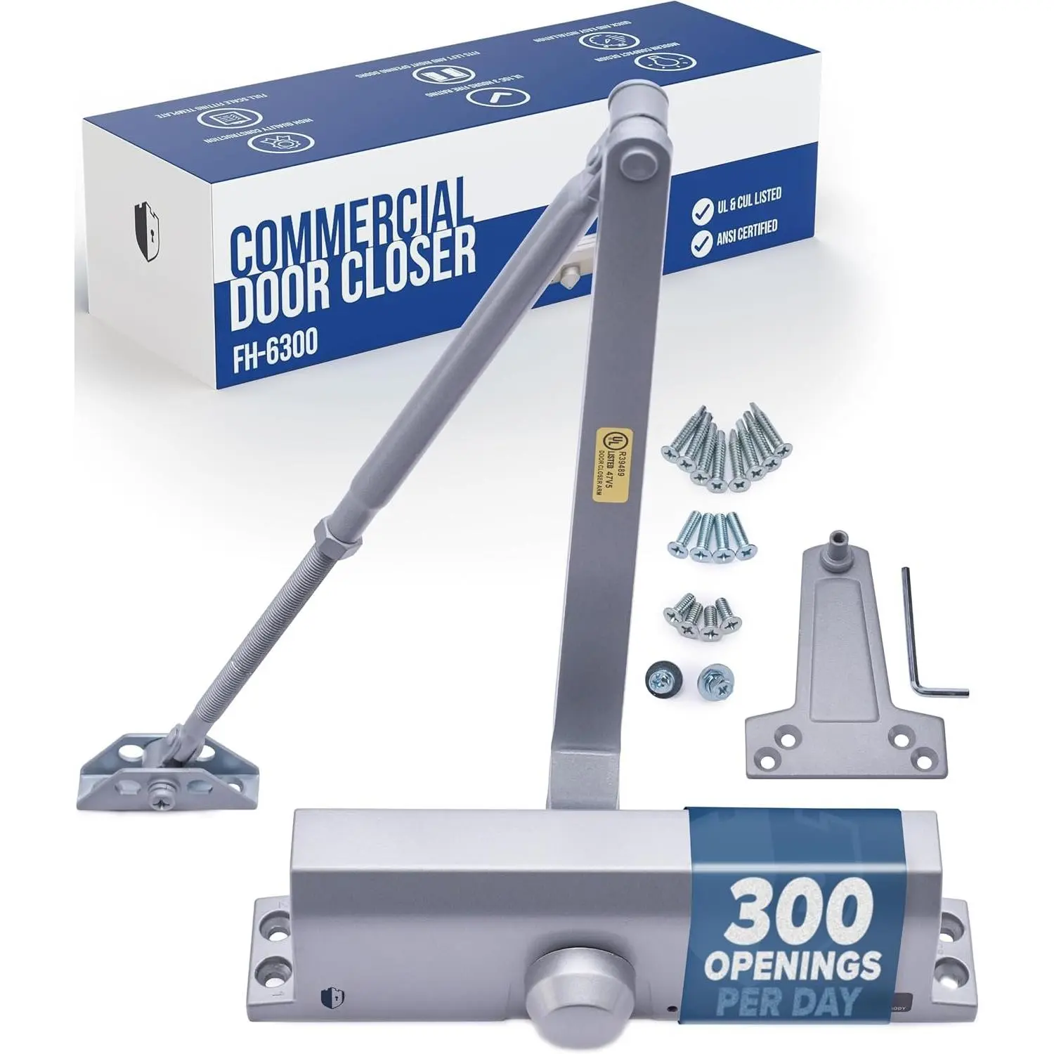 Commercial Door Closer Heavy Duty - Automatic Door Closer for Commercial Use - Grade 1 Auto Hydraulic Spring Hinge - FS-6300 UL & ADA ANSI A156.4 Grade 1 Door Closers Closure Soft Closing Arm