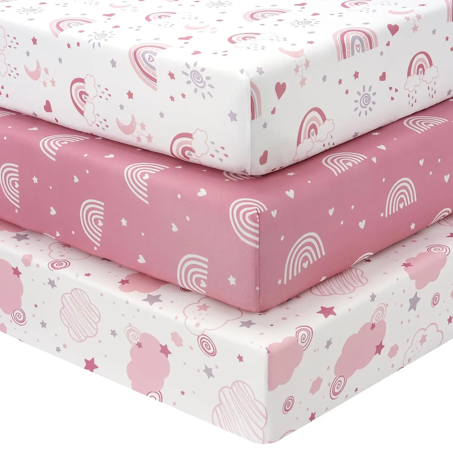 Girl's Super Soft Microfiber Fitted Crib Sheets 3-Pack - Skin-Friendly Deep Pocket with Elastic Bands, Rainbow Stripe Playful Print for 52"x28" Standard Crib & Toddler Mattresses