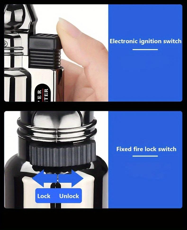 Portable High Fire Metal Lighter, with Safety Lock & Adjustable Flame, Multifunctional Kitchen Barbecue Cigar Lighter, Outdoor Windproof Turbine Gas Lighter, Men'S Gifts (No Gas), Without Battery