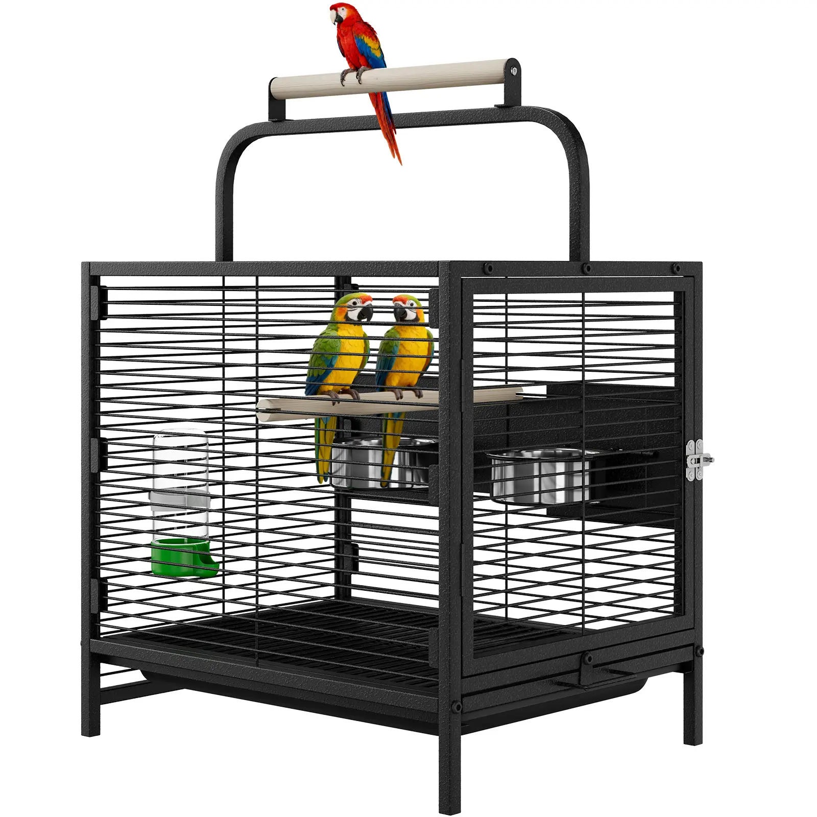 Black Portable Wrought Iron Bird Travel Cage - Compact Frame, Slide-Out Tray, Food Bowl, Perch - Ideal for Small Parrots, Canaries, Budgies