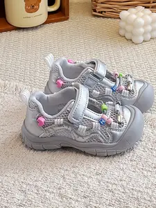 Girls' Colorful Beaded Mesh Slip-On Shoes, Soft Non-Slip Sole, Adhesive Backing, Cute Style, Infant Toddler Walking Shoes, Daily Wear