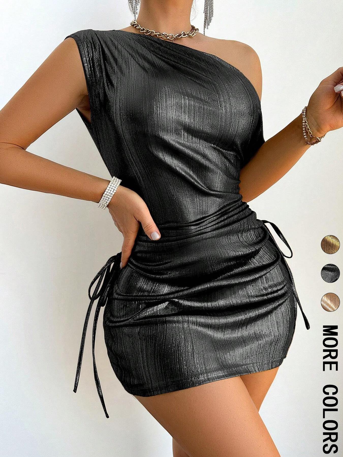 Women's Metallic One Shoulder Dress, Elegant Short Dress for Party Club Dating Wear, Ladies Clothes for All Seasons