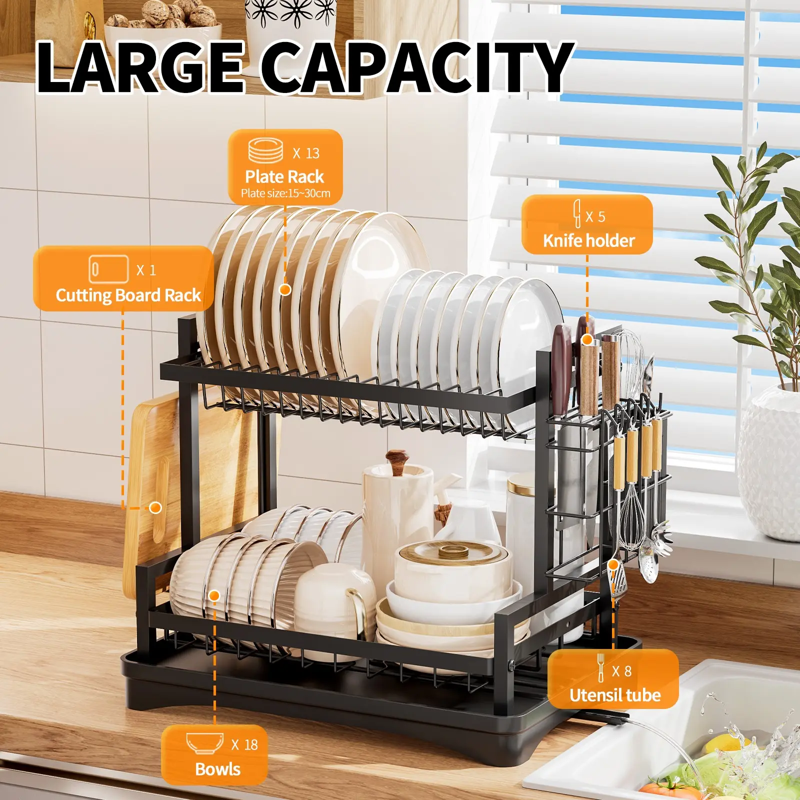 Double Layer Bowl Rack, Kitchen Storage Organizer, Drip Tray Included, Detachable Chopstick Holder, Mug Holder, Large Capacity Metal Shelf