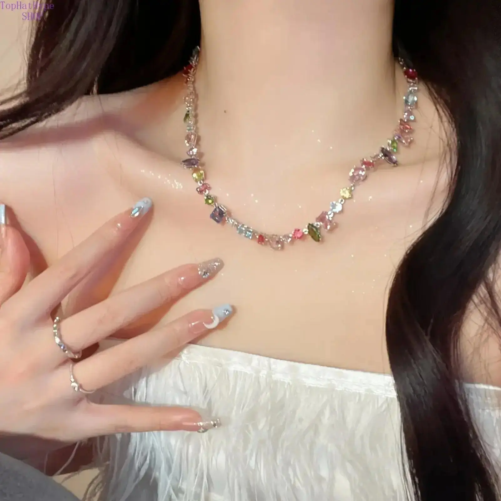 Y2K‑Style Rainbow Zirconia Clavicle Necklace, Multicolor Sparkly Synthetic Gem Alloy Chain for Daily Wear & Gifting
