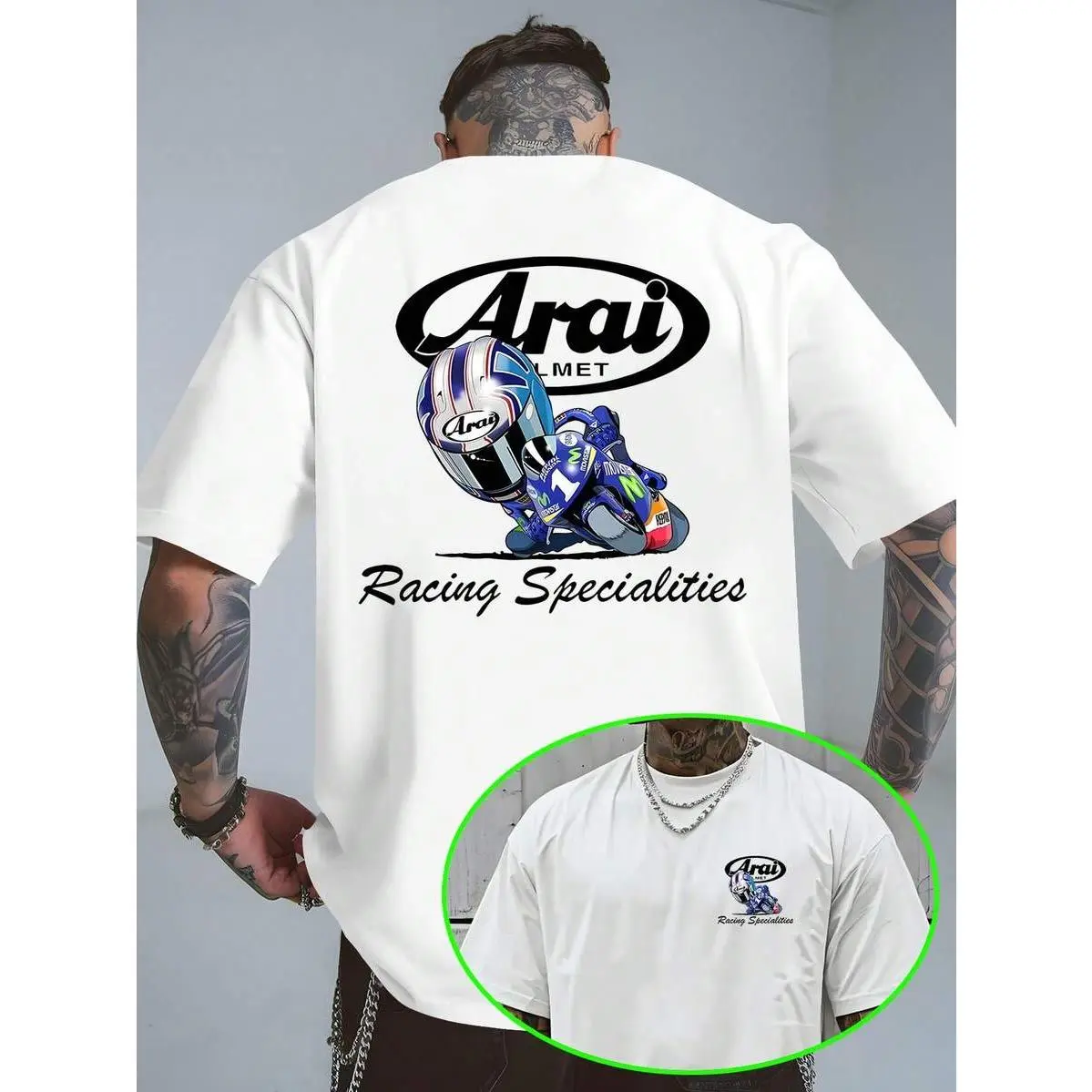 Arai Men'S Motorcycle Racing Graphic T-Shirt - Casual Streetwear With Cartoon Racing Driver & Brand Slogan, Regular Fit Short Sleeve Summer Top, Breathable Fabric For Casual Attire, Motorcycle T Shirt
