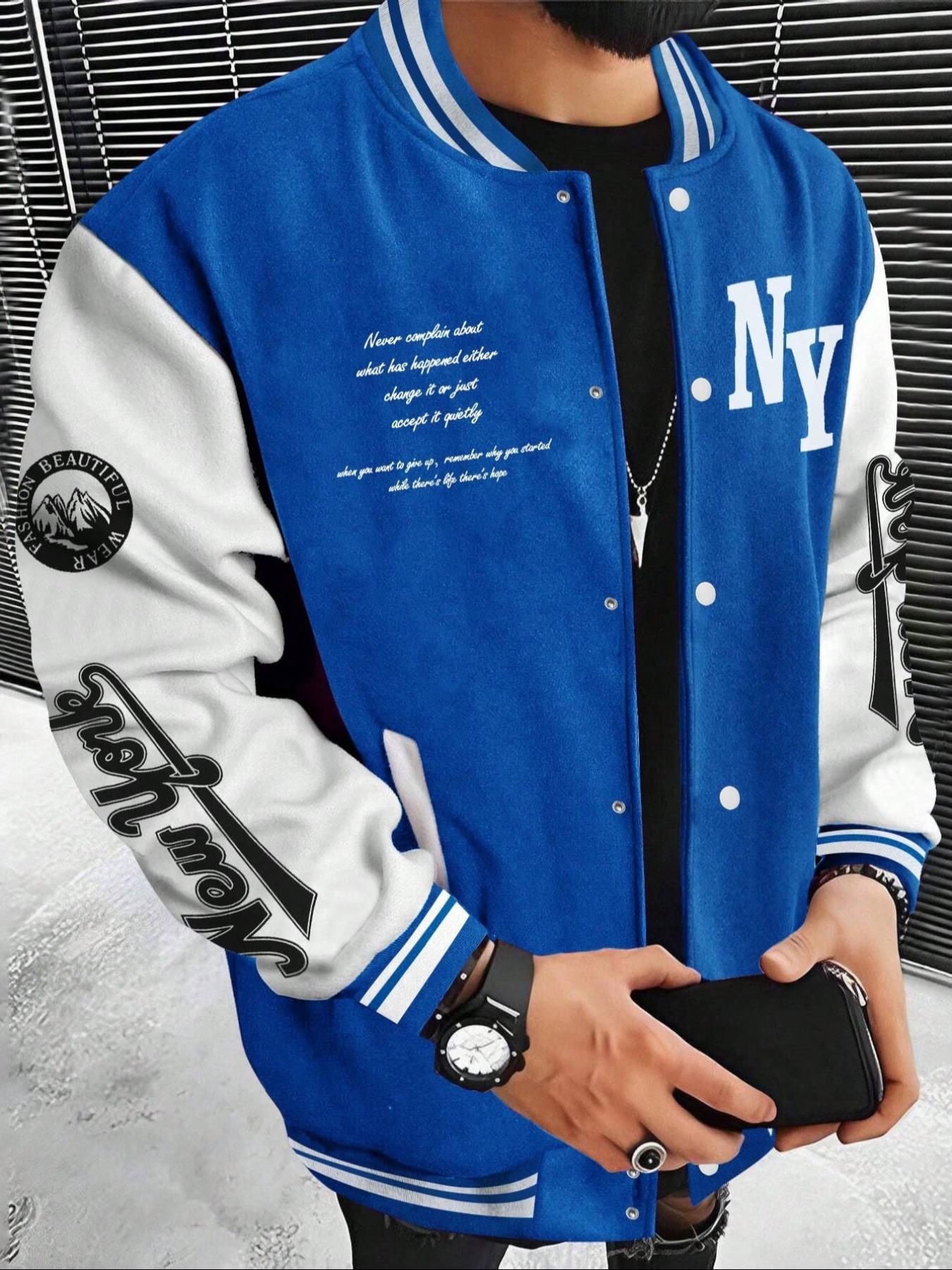 Men's Letter Print Baseball Collar Bomber Jacket, Loose Casual Sporty Long Sleeve Varsity Jacket for Fall & Winter, Men's Knit Outerwear for Daily Wear