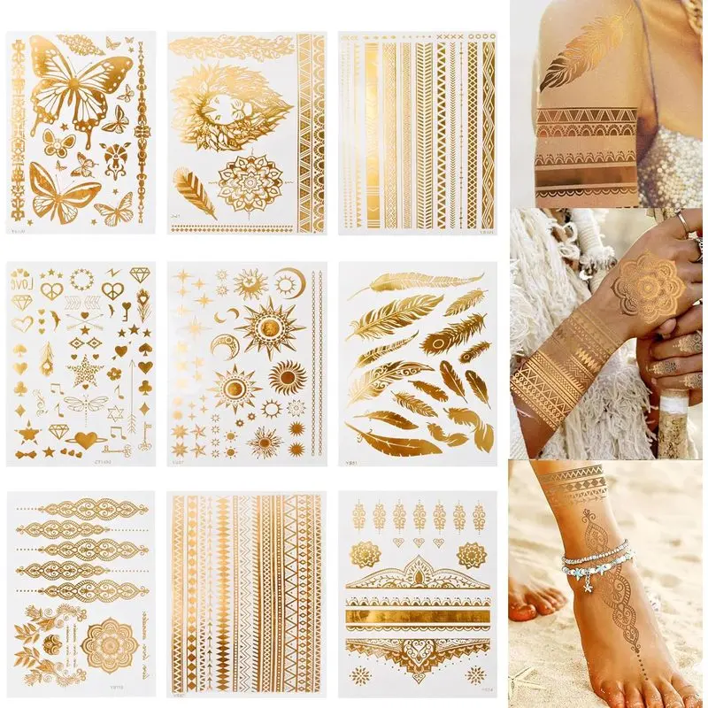 9 Sheets Gold Temporary Tattoos Flash For Women, Metallic Festival Tattoos, Body Art Sticker, Temporary Tattoos Stickers, Waterproof Armbands Tattoo, Moon Star Butterfly Glitter Tattoos Fake That Look Real and Last Long