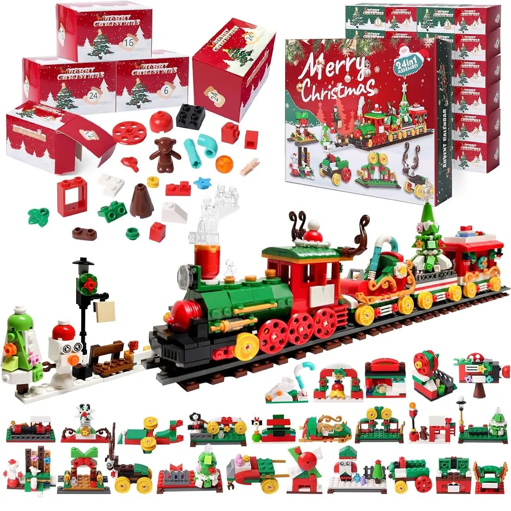 2026 Christmas Train Block Countdown Calendar Set, 24 Boxes with Dual-Sided Instructions, 777 Pieces Surprise Toy Kit for Teens and Adults, Blocks Set