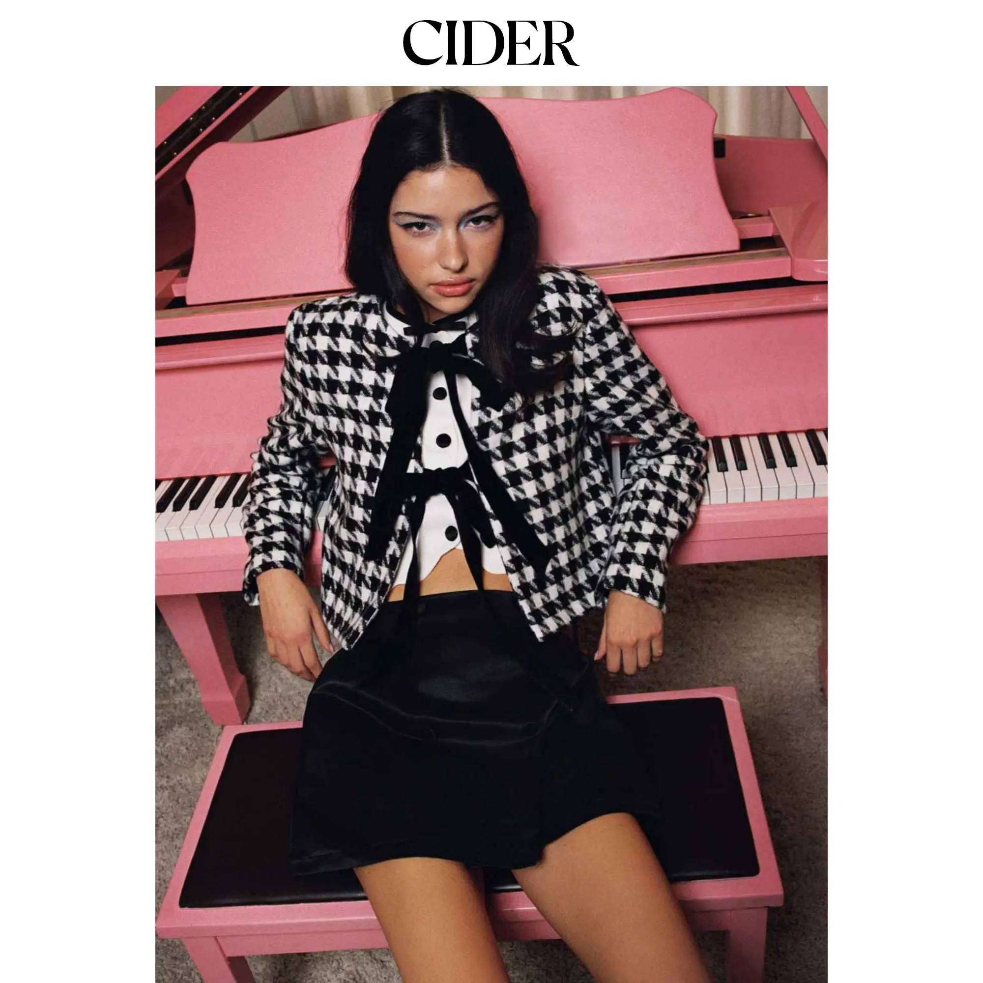 Cider [size 2-26] Tweed Round Neckline Houndstooth Tie Front Jacket SummerFinds