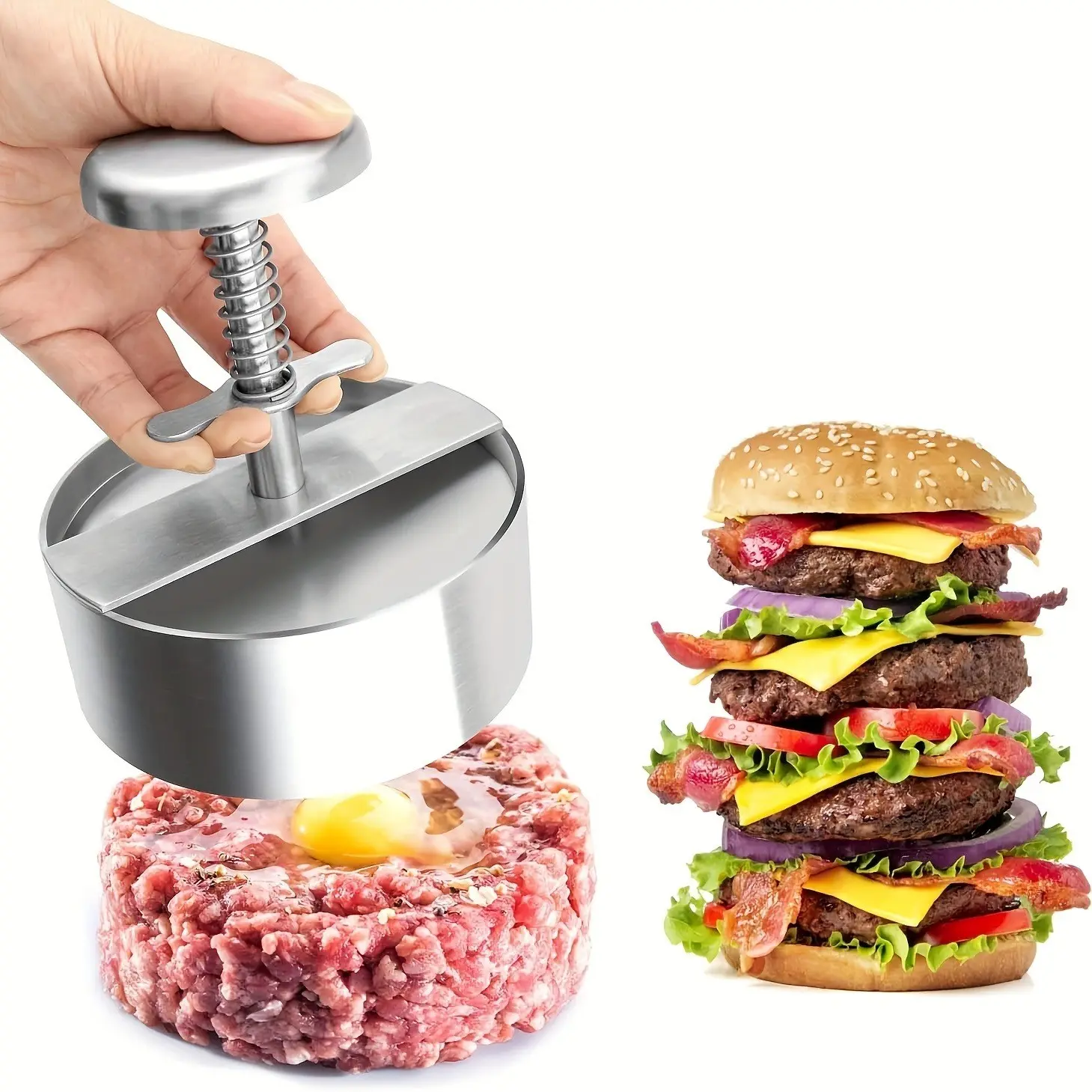 Stainless Steel Burger Press, Adjustable Hamburger Patty Maker, Spring Loaded Meat Press Mold, Ideal for BBQ Grilling & Home Kitchen Use, Barbecue Utensils