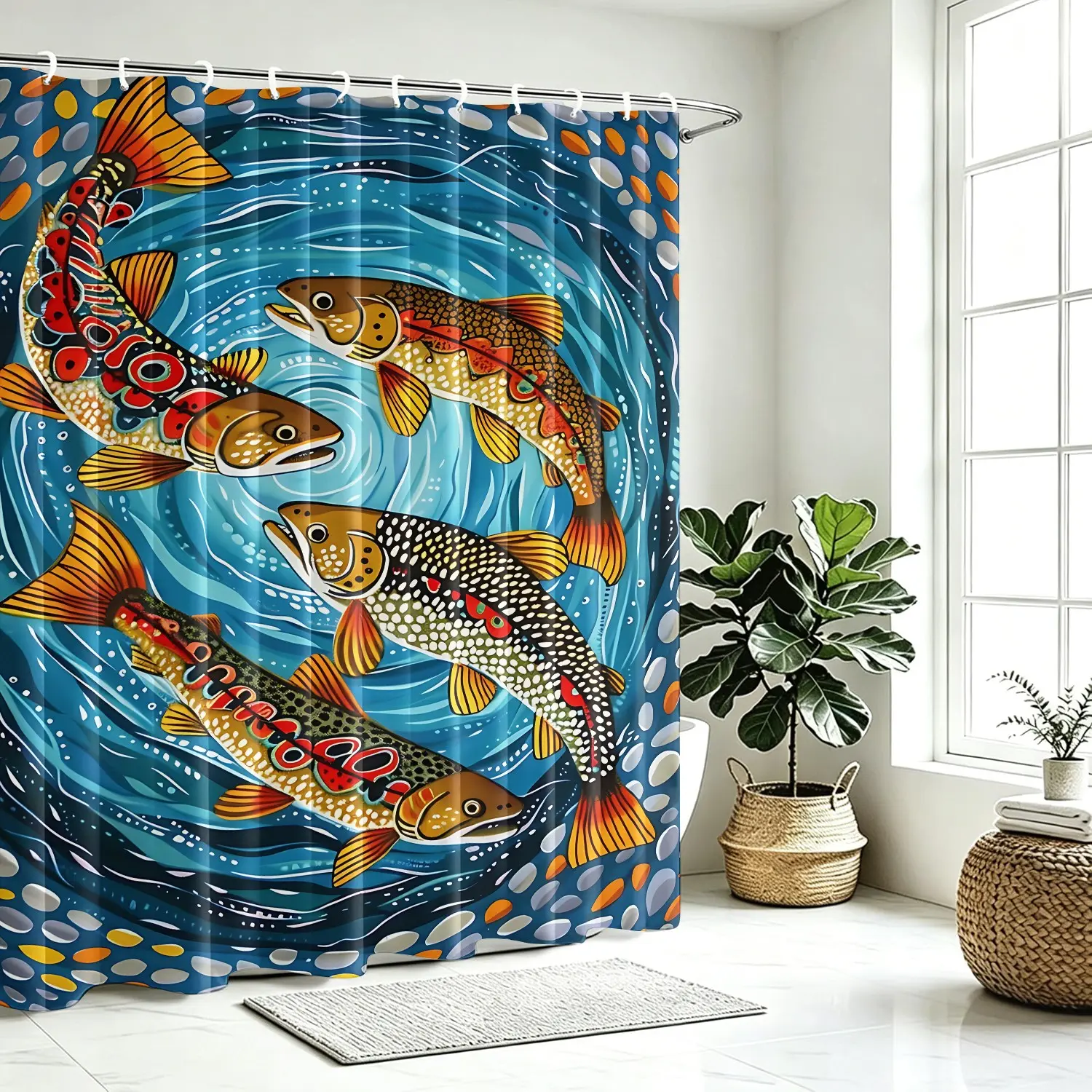 Rustic River Trout Fishtex Tile Crafts Shower Curtain, Cartoon Colorful Salmon Stream Wave Pebble Pattern,Polyester Mildew Resistant Bathroom Curtain With Hooks, Lightweight Waterproof Shower Curtain, Suitable For Bathroom Decoration Partition Curtains