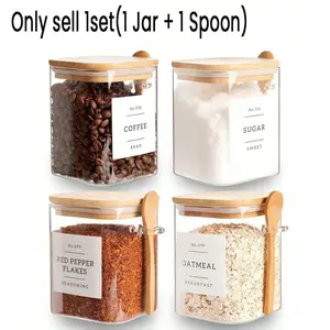 Glass Jar Set with Bamboo Lid and Spoon, High Borosilicate Glass, Large Capacity Sealed Storage, Moisture Proof, Kitchen Organizer