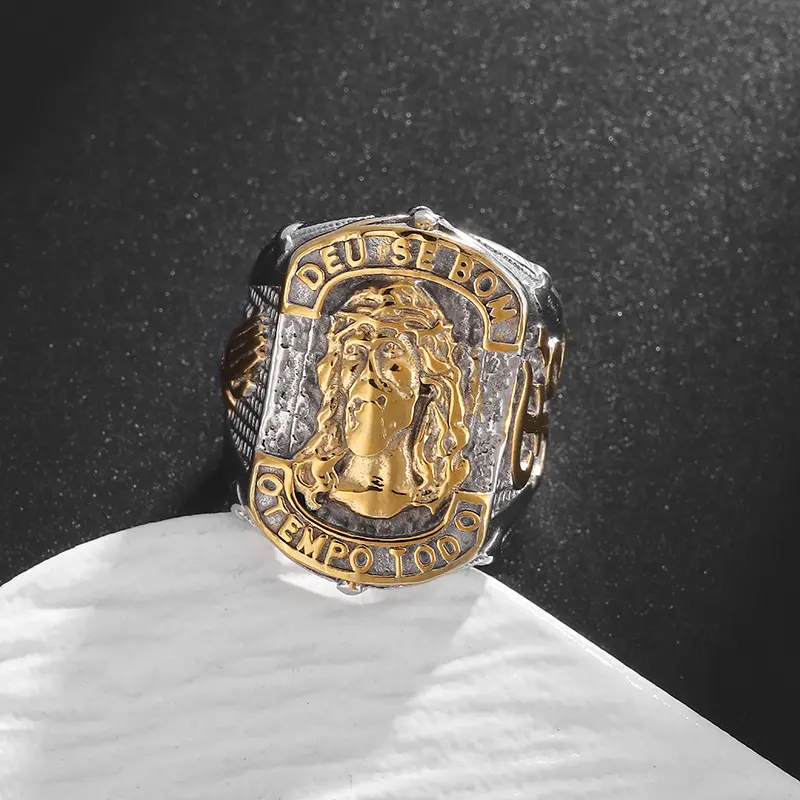 New European and American cross-border hip-hop style titanium steel gold-plated YS portrait religious belief letter "fe" prayer men's ring