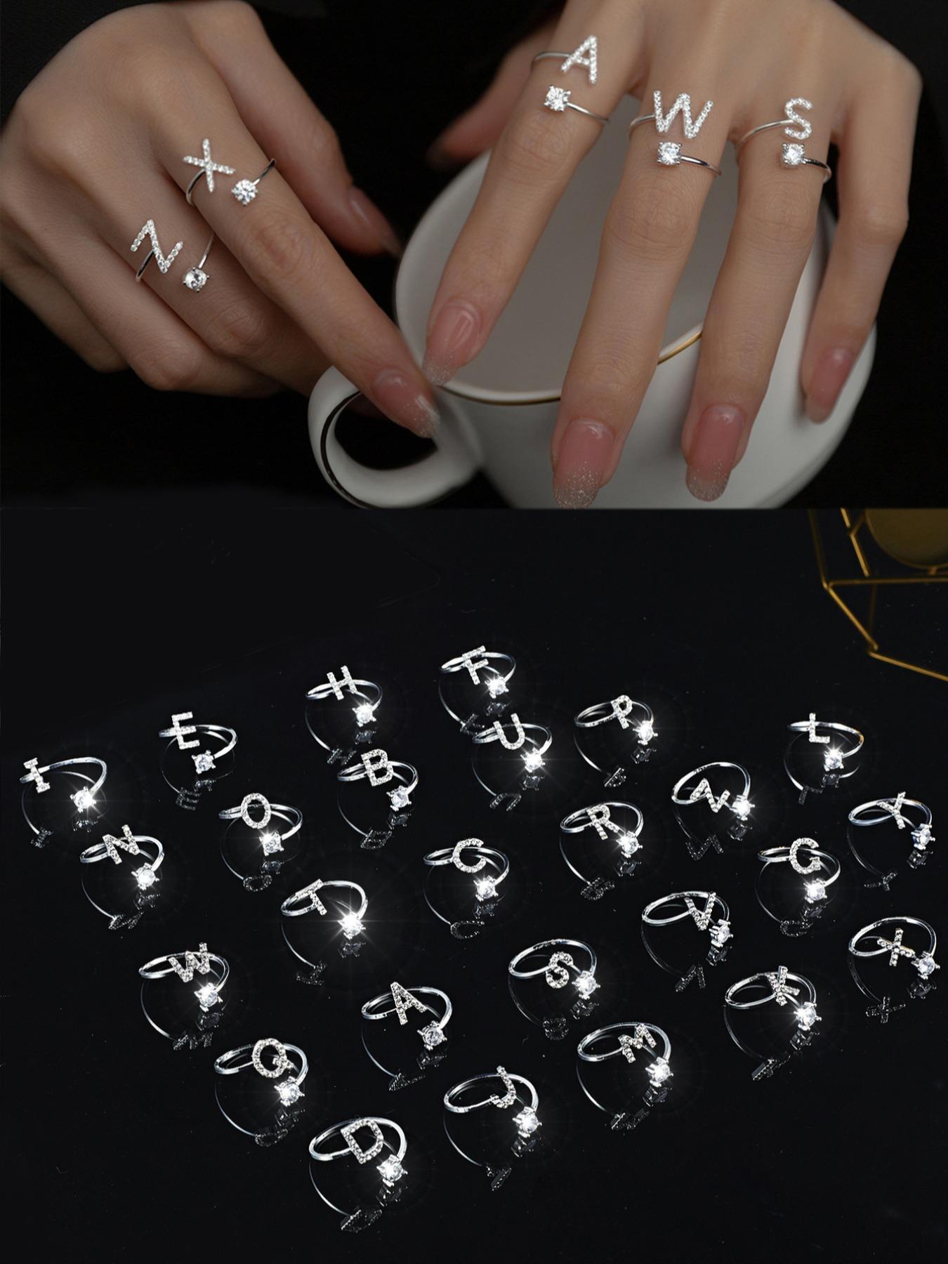 S925 Sterling Silver Initial Letter Adjustable Ring, Fashion Rhinestone Decor Cuff Ring for Party, Daily Clothing Decor, Trendy All-match & Exquisite Jewelry for Gift Wedding, Valentine's Day, Gift, Alphabet Design Ring