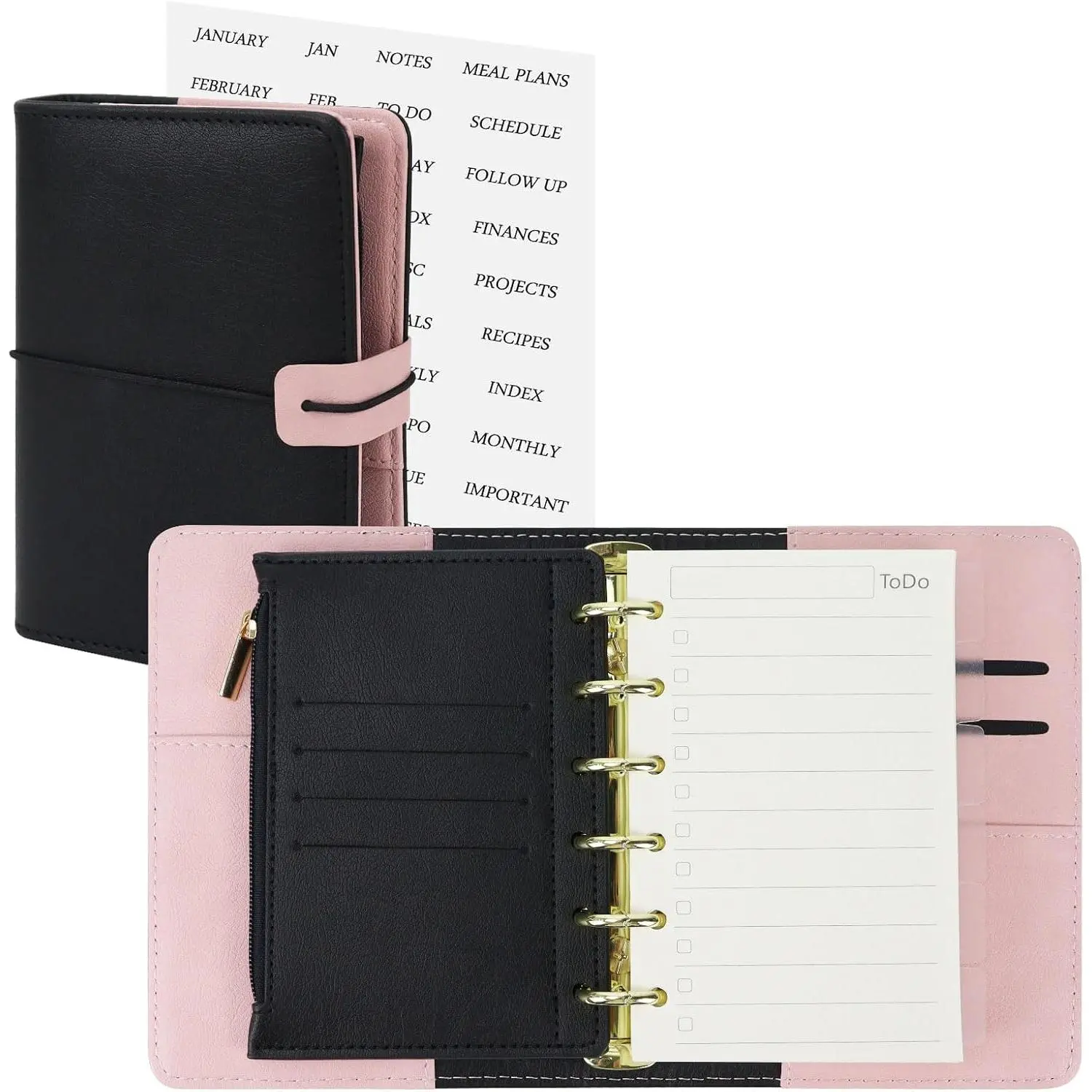 A7 Leather Binder 6-Ring with Zipper Pocket, Include Dividers & Refills Stickers, Black Refillable Planner Cover with Pockets (Black & )