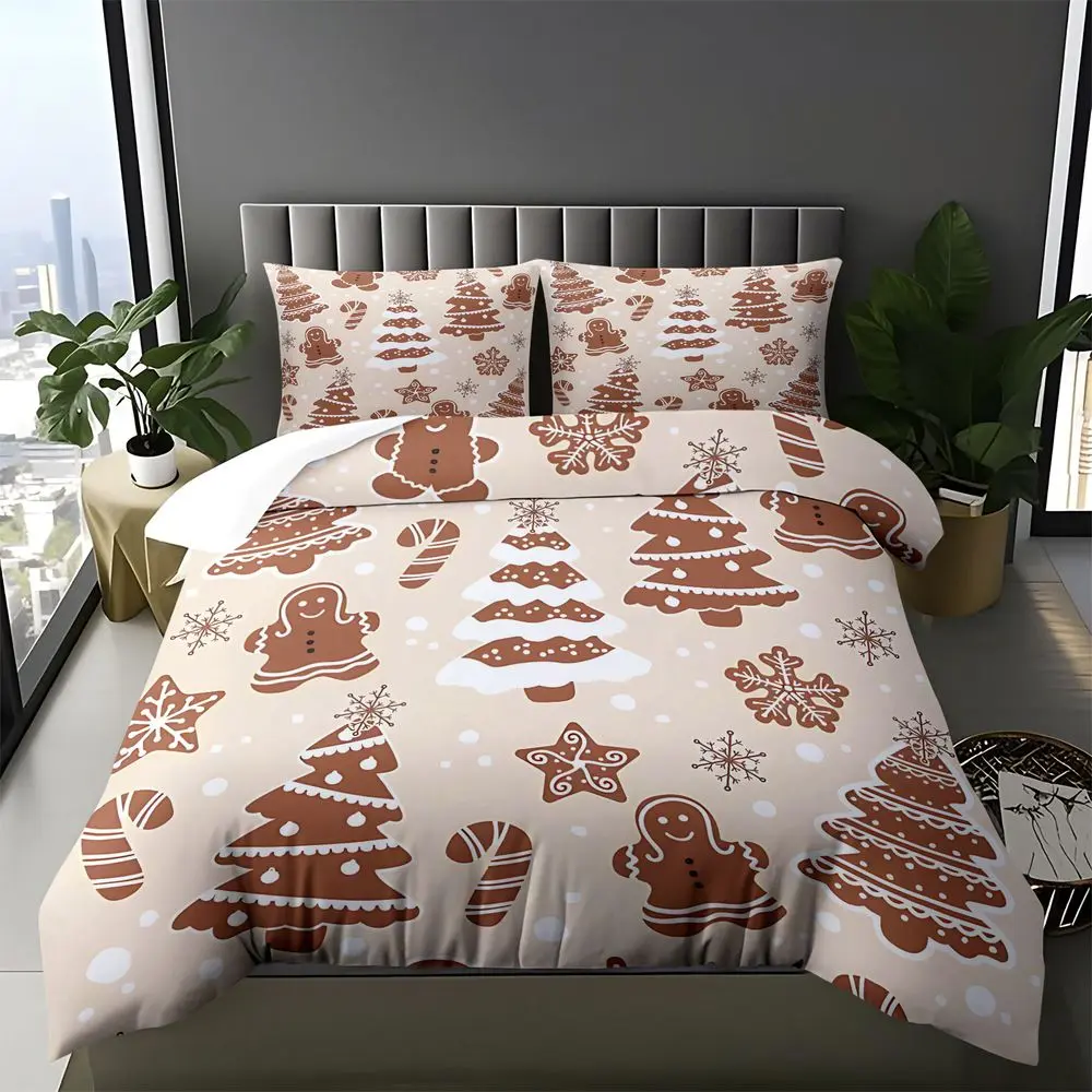 2/3Pcs Christmas Gingerbread Duvet Cover Set, Cute Xmas Tree Bedding Set, Soft Microfiber Bedding for Holiday Home Decor, Includes 1 Duvet Cover and 2 Pillowcase, Cozy Winter Bedroom Gift No Fillers