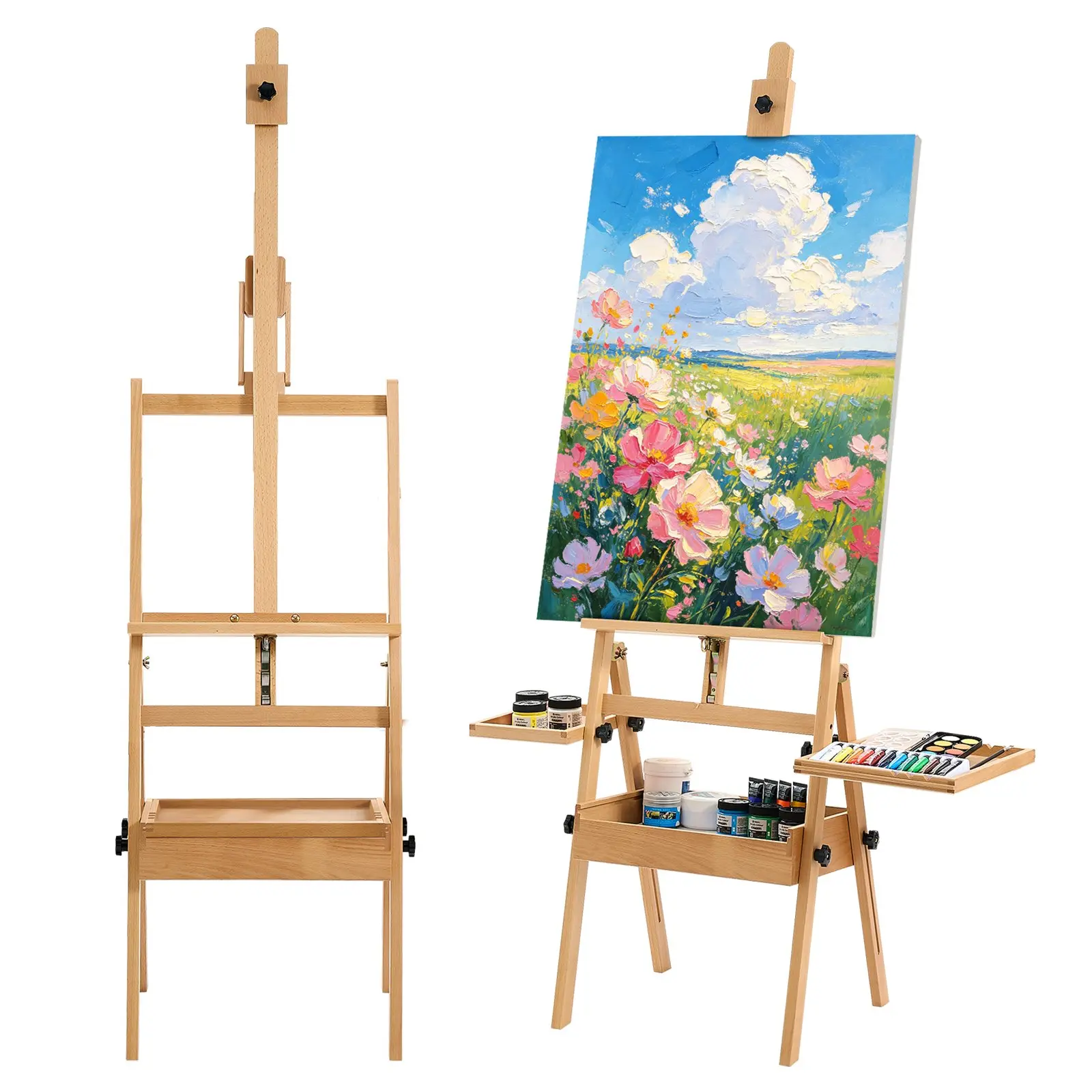 【toolupgrade】VEVOR Solid Beech Wood H-Frame Art Easel, Adjustable Height-Angle & Legs, Holds 35.43" Canvas Max, Natural Look, Multi-Function with Storage Box Trays for Artists Painting, Adjustable Legs