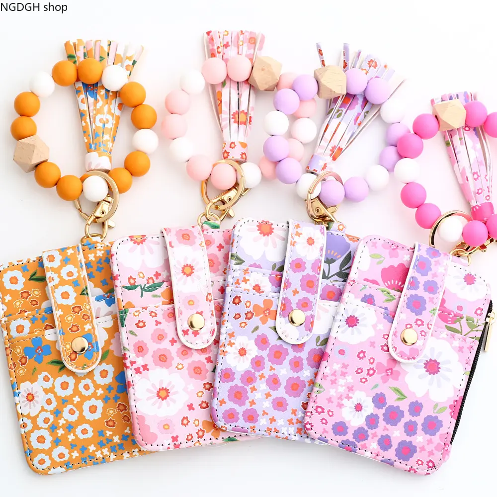 FloralPrintCardHolderWristletKeychain,MultiCardSlotsZipperCoinPurseWithSiliconeBeadBracelet&Tassel,CutePULeatherIDCardWallet,PortableKeyRingAccessoryForDailyCommute,ShoppingAndTravelOutfitDecoration