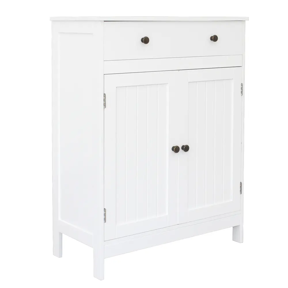 White Tall Rectangle Accent Cabinet - MDF Freestanding Slim Profile Storage Cupboard with 1 Drawer + 2 Shutter Doors, for Bathroom, Entryway dark wood