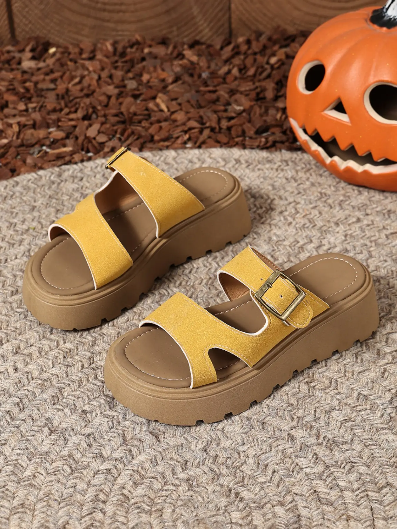 Women Suede Cutout Dual Adjustable Buckle Lug Sole Platform Slide Sandals, Cushioned Non-Slip Open Toe Chunky Slides, Daily Streetwear Summer Casual Footwear, 3 Colors Yellow Pink Beige