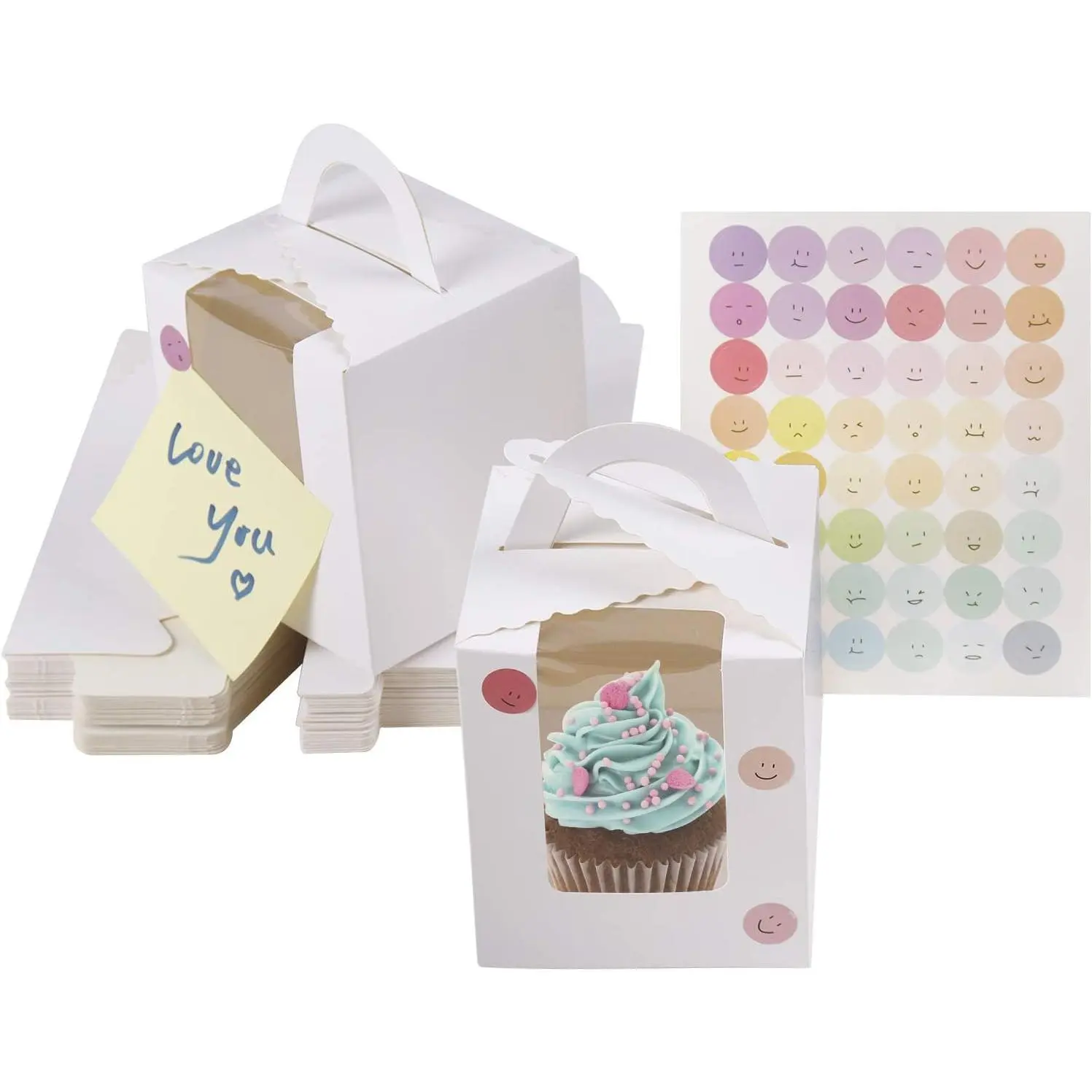 30 count Individual Cupcake Boxes White Single Cupcake Boxes 1 Hole Cake Box with Clear Window Inserts and 2 Sheets of Stickers for Wedding Birthday Party Favors