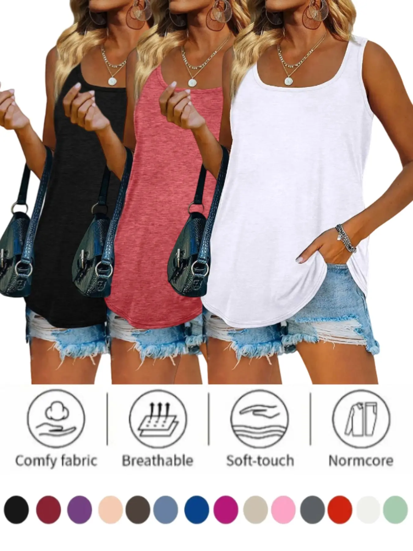 2026 Women's Casual Solid Color Square Neck Tank Top, casual basic tanks, Breathable Everyday Wear, Summer Sleeveless Top
