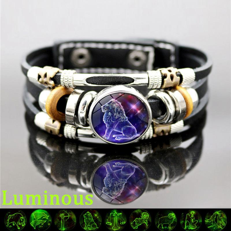 New Twelve Zodiac Signs Luminous Leather Bracelet Vintage Punk Multi-layer Woven Beaded Bracelet Jewelry