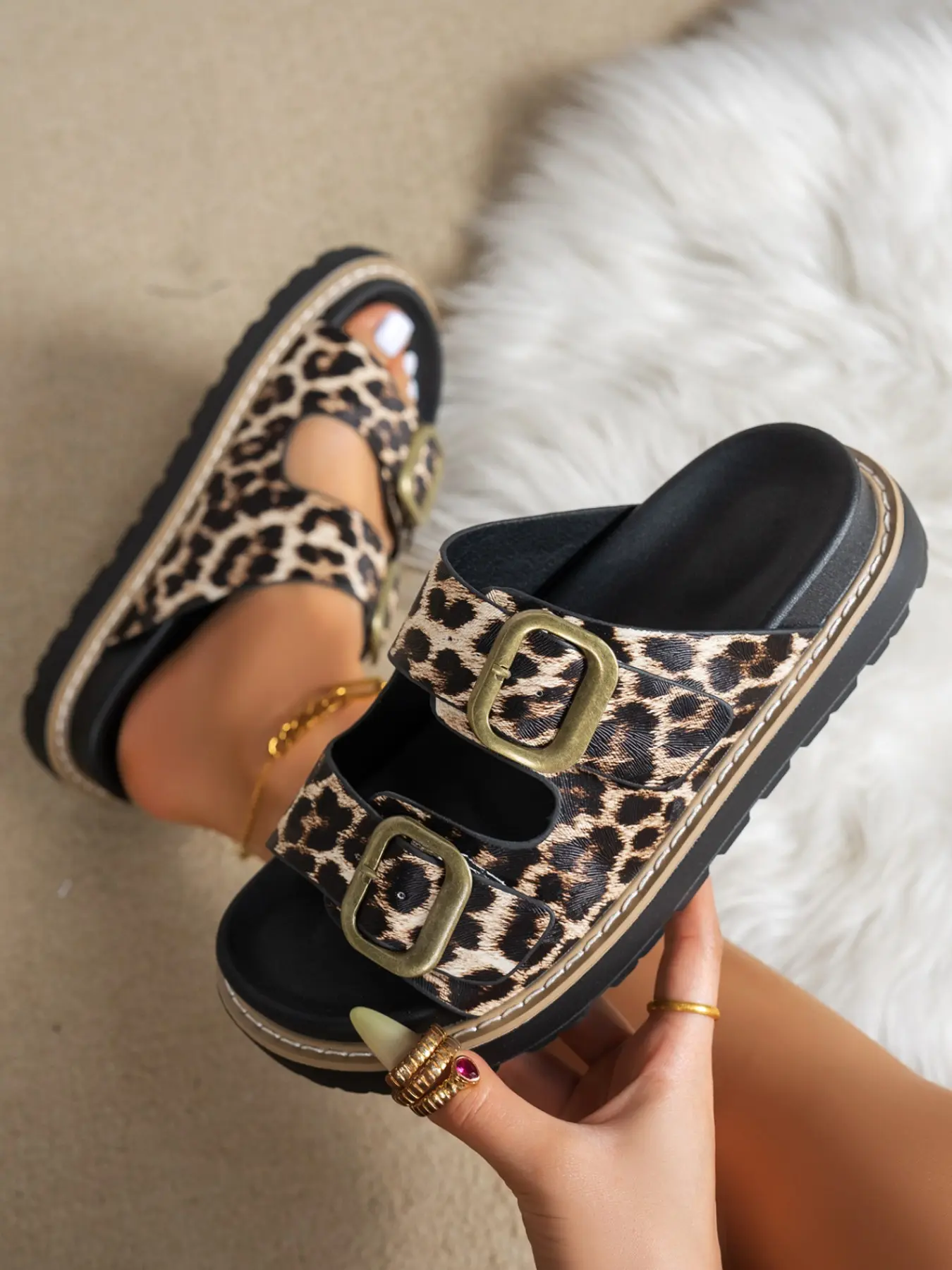 Women's Leopard Print Double Buckle Thick Sole Sandals, Retro Classic Anti-Slip Summer Beach Thick Soled Slippers, Casual Outdoor Footwear Slipper Shoes