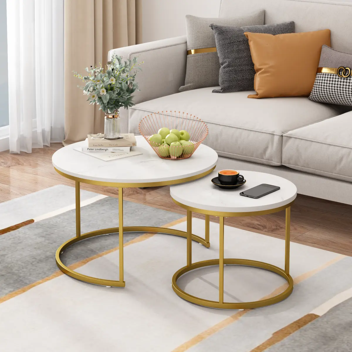 27.6in Stackable Nesting Coffee Table Set of 2, Round Coffee Table with Marble-Look Top, Sturdy Metal Frame, Load Capacity, Marble Effect Living Room Furniture for Living Room Bedroom (White)
