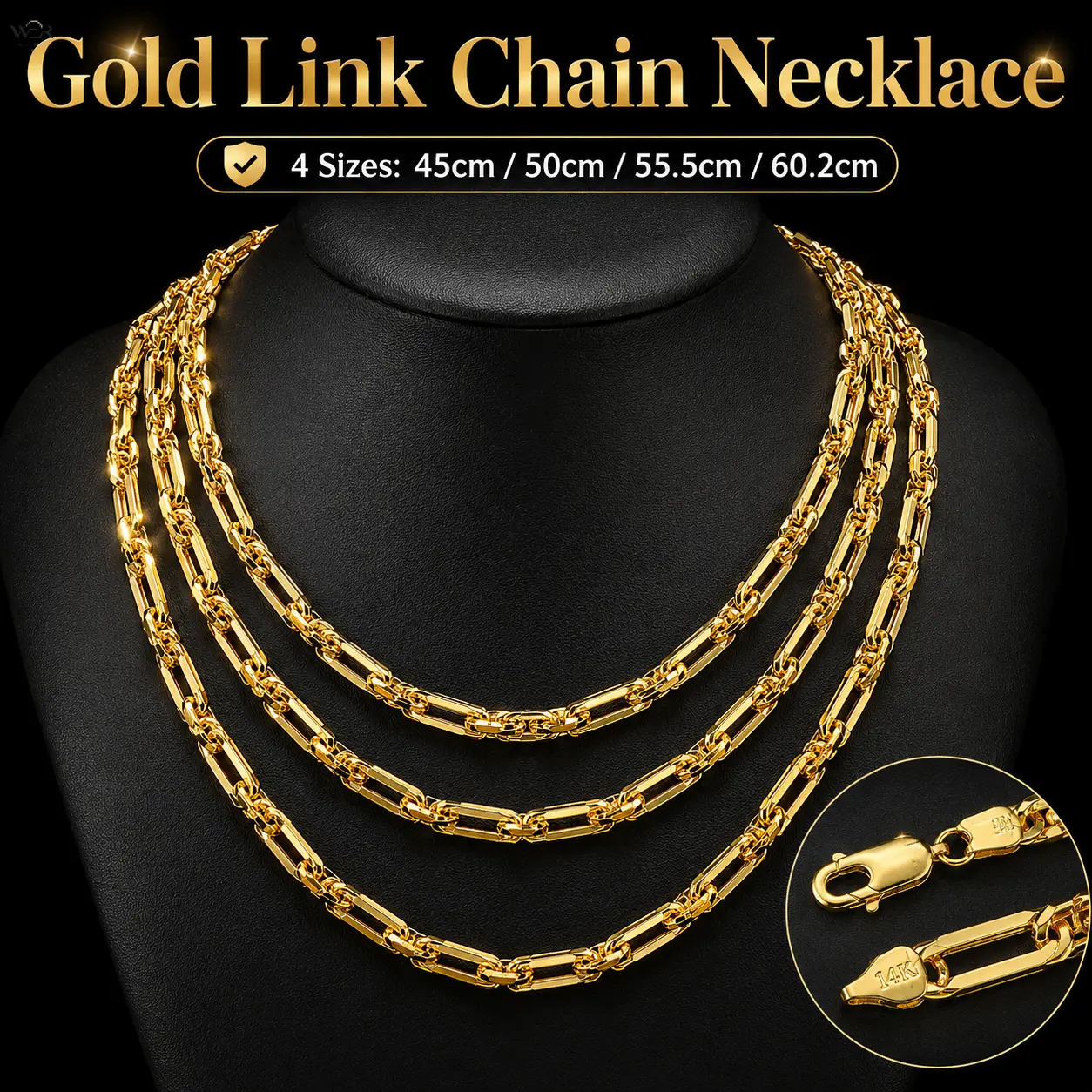 14K Gold Plated Paperclip Link Chain Necklace for Men Women, Polished Thick Rectangular Cable Chain, 4 Sizes 45/50/55.5/60.2cm Heavy Duty Stackable Everyday Choker Jewelry