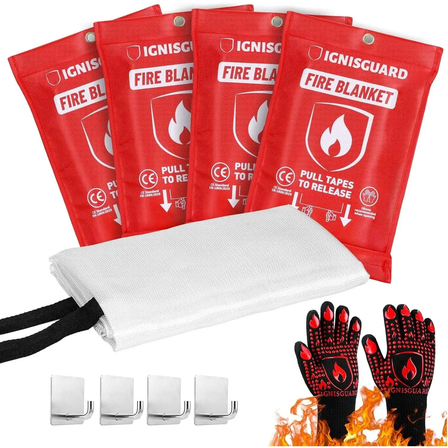 4 Pack 40x40in Fire Blankets with 1 Pair Fire Resistant Gloves & 4 Hooks, Fiberglass Emergency Fire Blanket for Home Kitchen, Suppressant for Grease & Electrical Fires, RV Camping