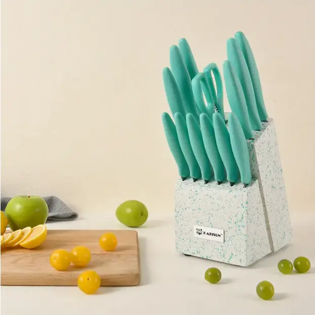 14-Piece High Carbon Stainless Steel Kitchen Knife Set with Titanium Blades, Rust-Free, Super Sharp, Wooden Stand & Kitchen Scissors for Families