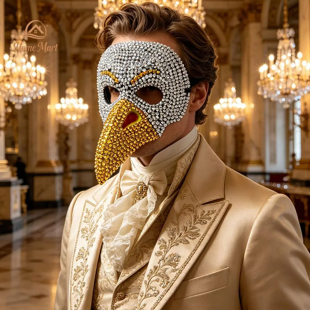 Adults Halloween Bird Face Covering Creative Rhinestone Decor Plague Doctor Facewear for Cosplay Party