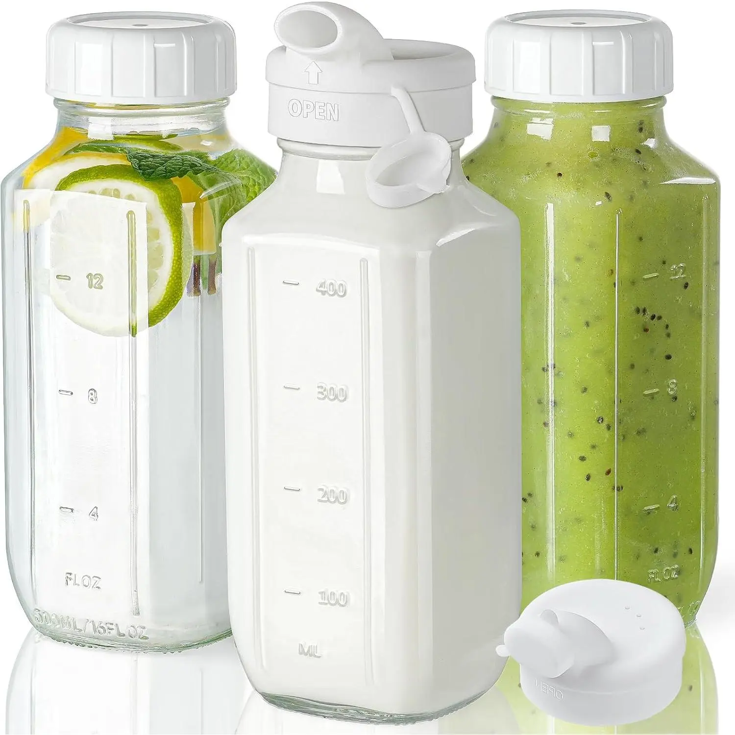 Juice with Lids, 3 Pack Clear w 2 Pour Spouts, 16 Oz Reusable Milk Jug w 100% Airtight Cap and for Juicing Containers, Breast Milk, Drinking Jar