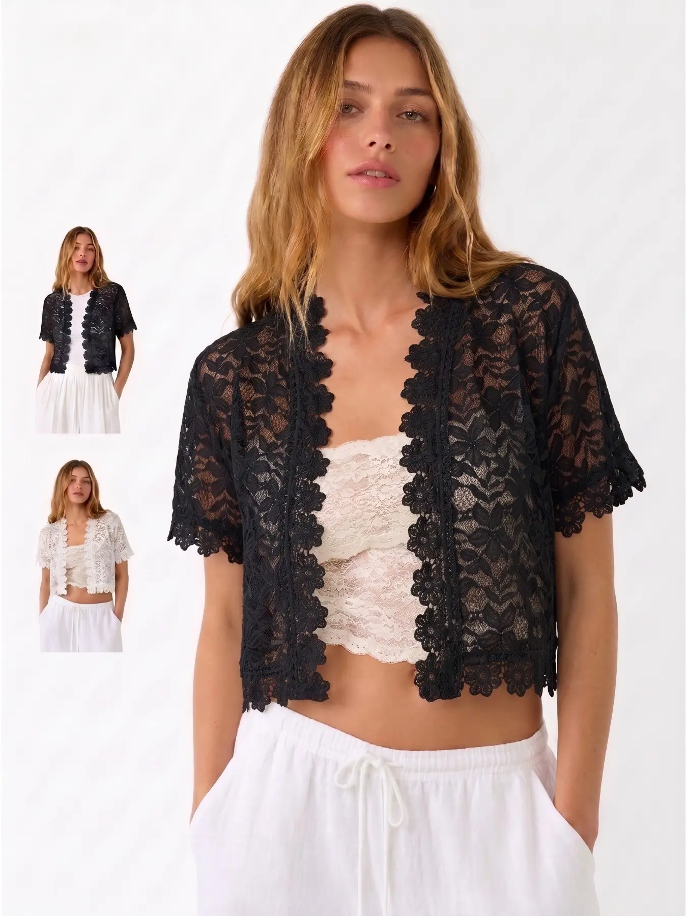 Women Elegant Short Sleeve Lace Jacket, Chic Lightweight Sheer Outerwear, Figure‑Flattering Lace Cover Up, Versatile Layering Jacket for Party Wedding Guest Evening Cocktail Daily Outfits