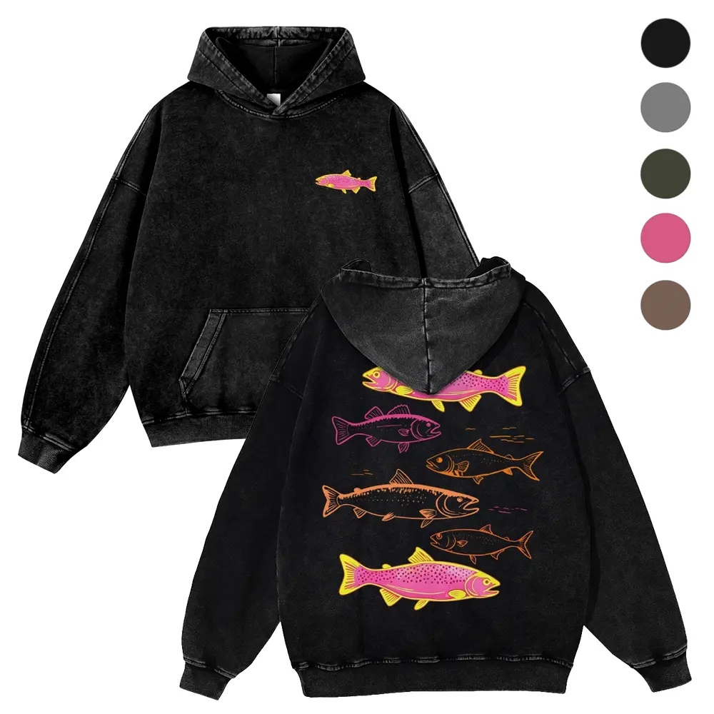 [ DTG Print ] Holafish Heavyweight Cotton Hoodie Streetwear, Retro Acid Wash Neon Trout Fish Dual Side Graphic Printed Unisex Fashion 380g Autumn VIntage Washed Hoodie Graphic Sweatshirt,back to school,back to school shopping