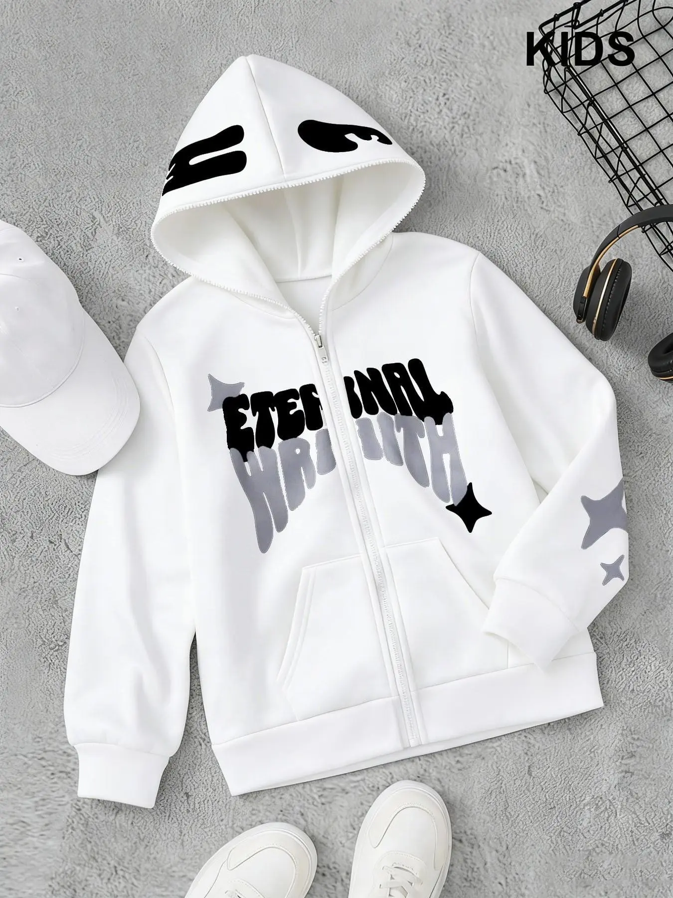 Men's Black Graphic Zip-Up College Hoodie, Oversized Long Sleeve Jacket with White Eye Prints, Gradient Letter Graphic, Sleeve Stars, Full Zipper and Front Pockets, Retro Y2K Streetwear for Campus Looks, Travel, Parties, Layering, and Casual Outfits