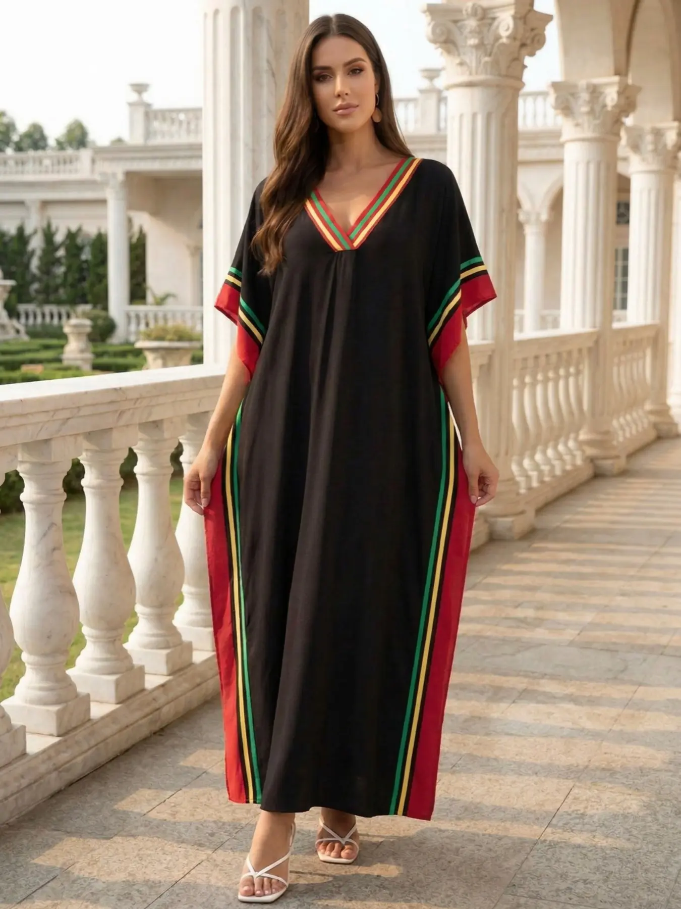 EDOLYNSA Striped maxi kaftan dress cozy house robe muumuu outfits Moo Moo Dress vacation relaxed beach wear leisure wear versatile cover up daily wear Homewear casual wear Q1615