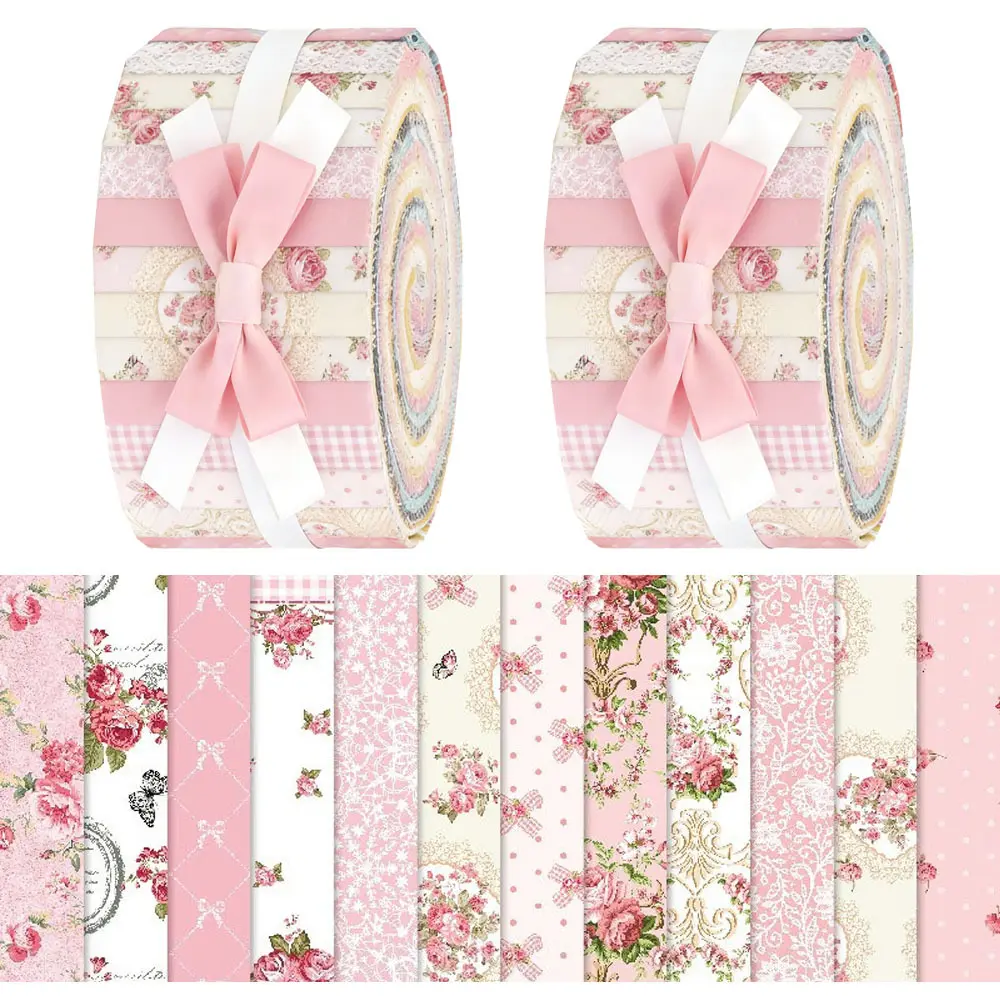 Pink Floral Classic Pre-Cut Quilting Fabric Strips - 40-Piece, 6.5x50cm, Glam Modern Sewing Supplies for DIY Handcrafts, Home Decoration, Pre-Cut Fabric, Gift