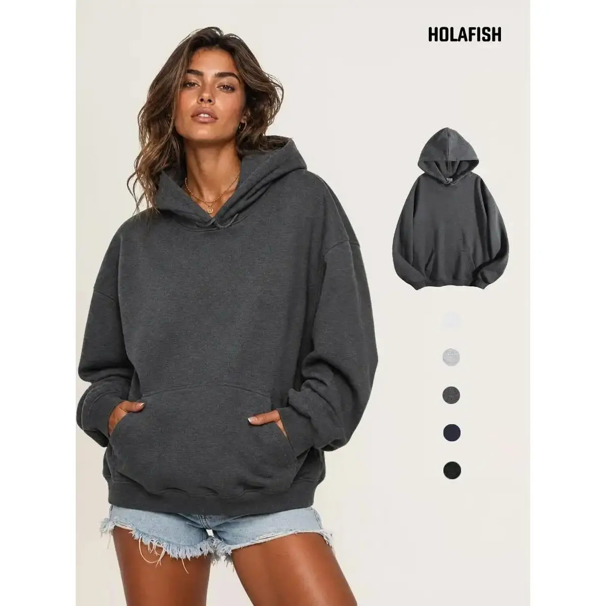 Holafish Women's Thick Polyester Fabric Oversized Fleece Hoodie - Solid Color, Long Sleeve, Basic Style Pullover with Kangaroo Pocket - Casual Streetwear for Weekend Lounging, Fall Essential