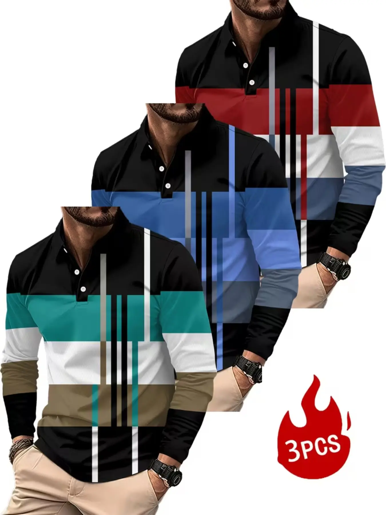 3 Piece Set Polo Shirts, Long Sleeve Collared, Casual Slim Fit, Spring & Fall Wear, Random Print, Ideal for Commute & Outdoor Activities