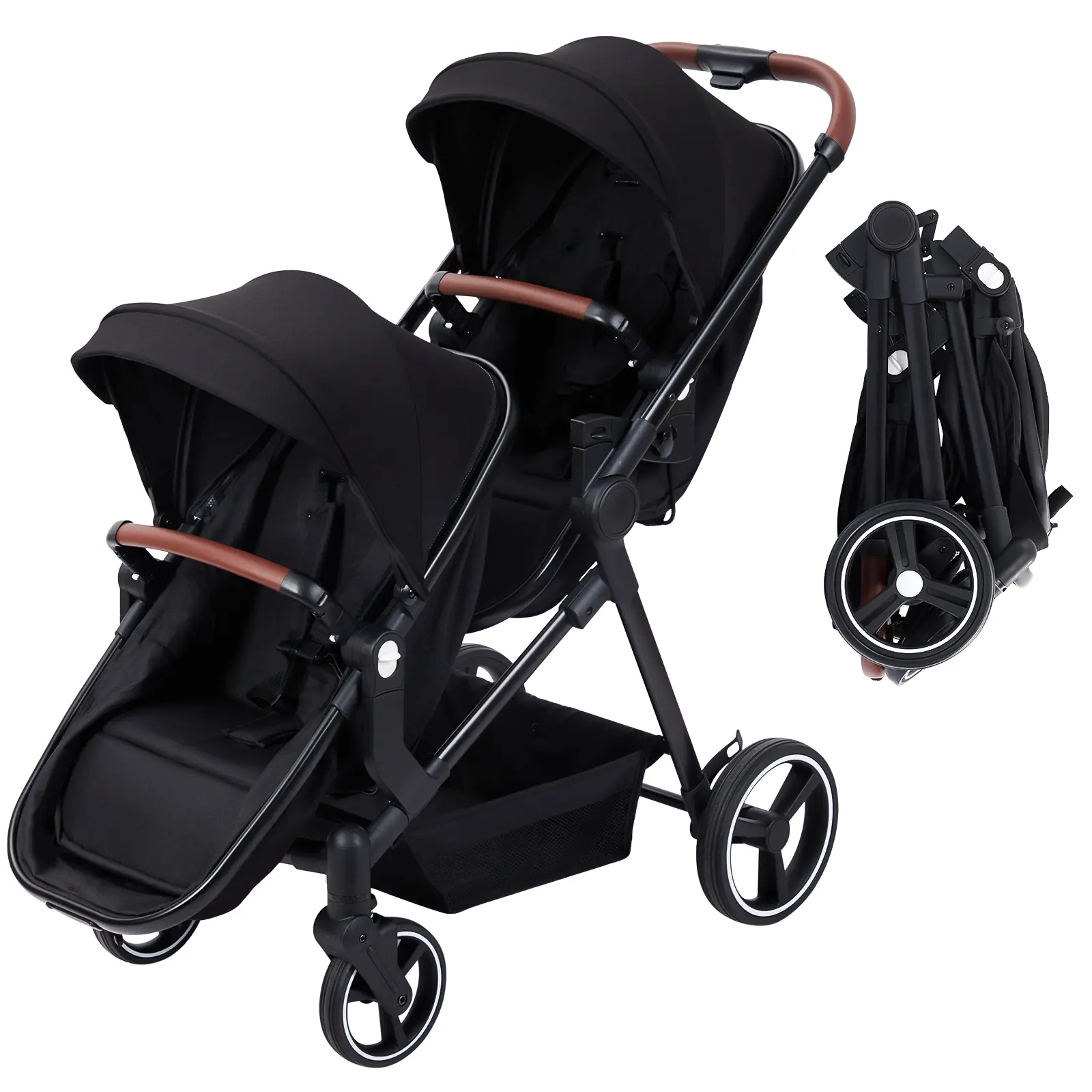 Hosslly Foldable Tandem Double Stroller for Newborns - Adjustable Strollers, Reversible Seats, 5-Point Safety Harness, Adjustable Back, Canopy, Large Basket, Lightweight for 2 Kids, Foldable Tandem Stroller
